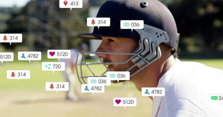 Image of icons and data processing over diverse male cricket players