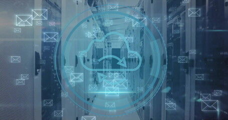 Image of cloud icon and digital data processing over computer servers