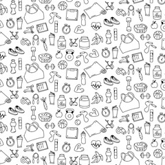 hand drawn set of gym fitness doodles background seamless pattern illustration