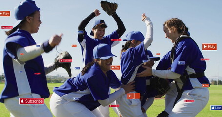 Image of icons and data processing over diverse female baseball players