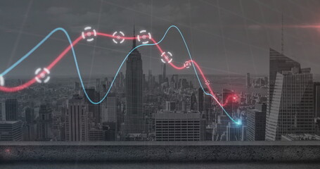 Image of light spot and diagrams over cityscape