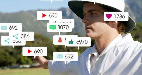 Image of icons and data processing over caucasian male cricket umpire