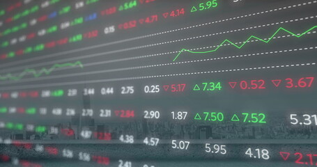 Image of stock market and diagrams over cityscape