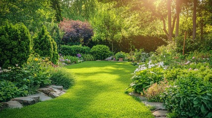 Obraz premium Serene Garden with Lush Greenery and Colorful Flowers