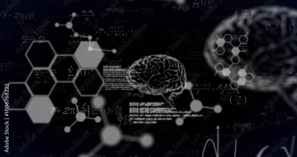 Poster image of brain, molecules and data processing with mathematical equations on black background