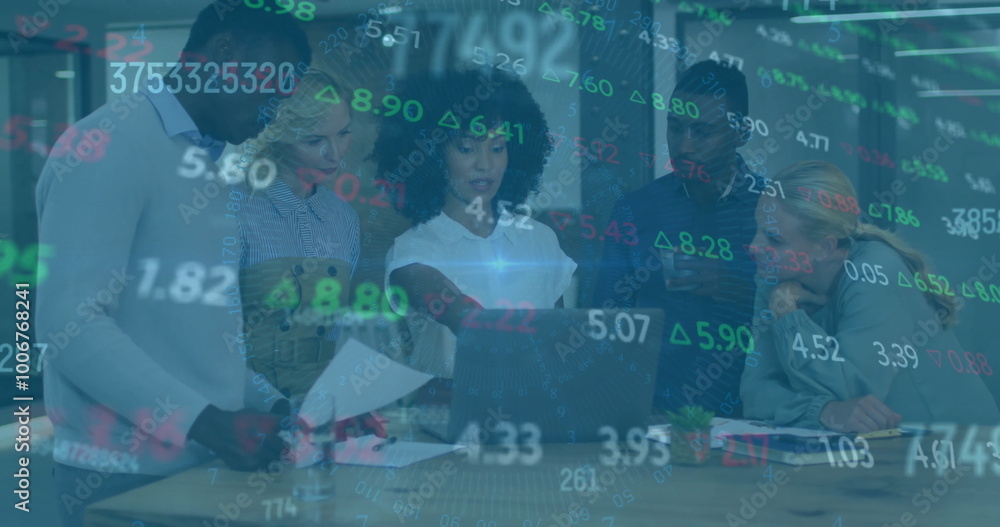 Poster image of financial data processing over diverse colleagues discussing work in office