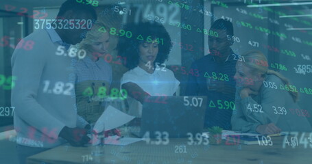 Image of financial data processing over diverse colleagues discussing work in office