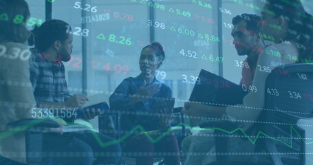 Image of financial data processing over diverse colleagues discussing work in office