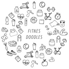 hand drawn set of gym fitness doodles vector illustration isolated in white color