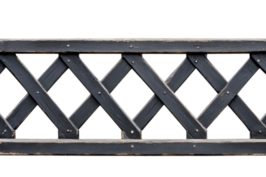 Black wooden lattice fence, white isolated background. transparent background