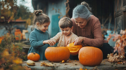 Fototapeta premium A grandmother carving pumpkins with two young children in a garden setting, creating a warm, cozy, and joyful Halloween atmosphere. The autumn leaves add to the seasonal charm..