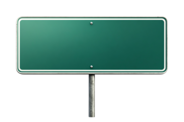 Blank green road sign with a metallic pole, isolated on white background. transparent background