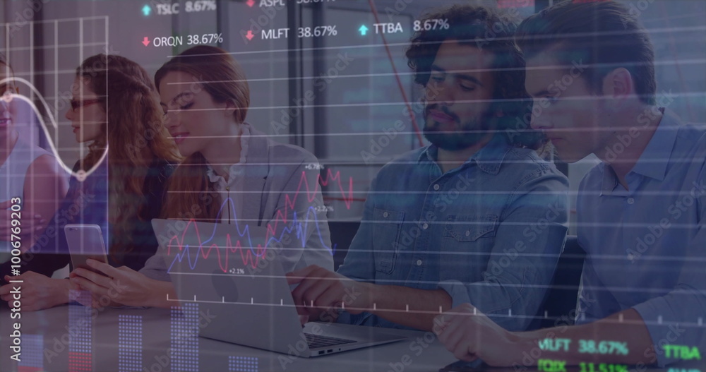 Poster image of data processing and diagrams over diverse business people discussing work