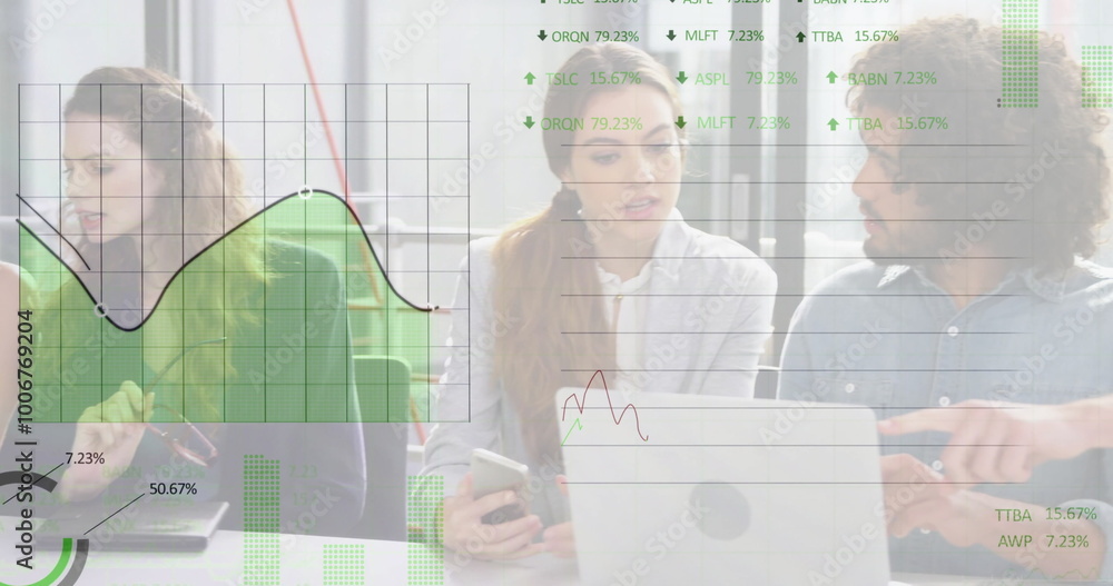 Poster image of data processing and diagrams over diverse business people discussing work