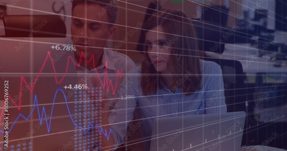 Poster image of data processing and diagrams over caucasian business people discussing work
