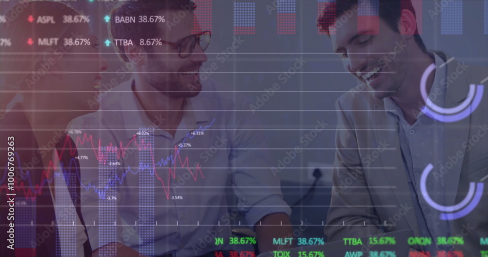 Aufkleber image of data processing and diagrams over diverse business people discussing work