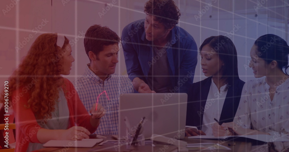 Poster image of data processing and diagrams over diverse business people discussing work