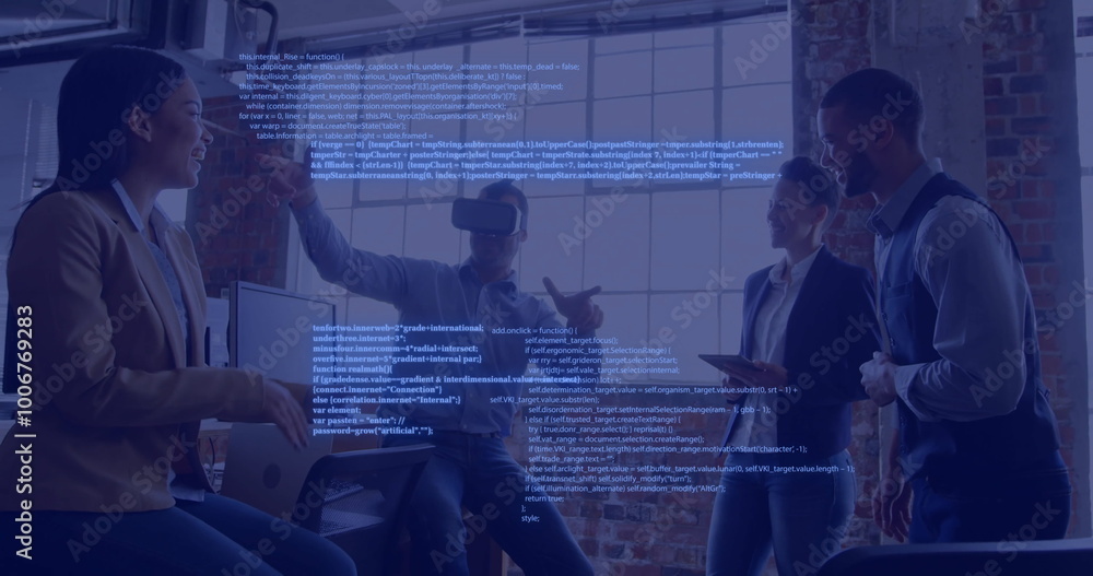 Poster celebrating business team in office with programming code image over them