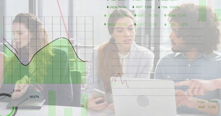 Image of data processing and diagrams over diverse business people discussing work