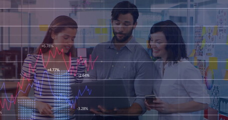 Image of data processing and diagrams over diverse business people discussing work