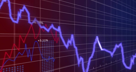 Image of financial data processing on grid over dark background