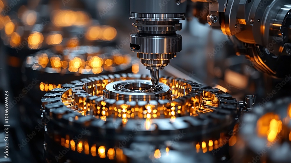 Poster automated industrial manufacturing process with close up of cnc machine tool