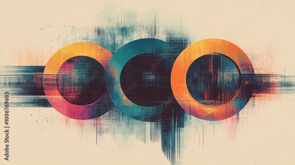 Poster stylized circles with gradient textures and intersecting patterns create an abstract expressionist a