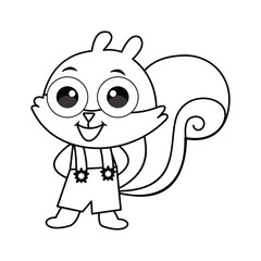 cute little squirrel cartoon illustration graphic design in black and white. animal coloring book illustration element design, squirrel coloring page