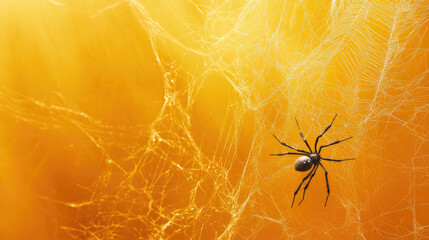 A close-up of a spider on a delicate web against a warm orange background, with intricate web details creating a mix of beauty and eeriness..