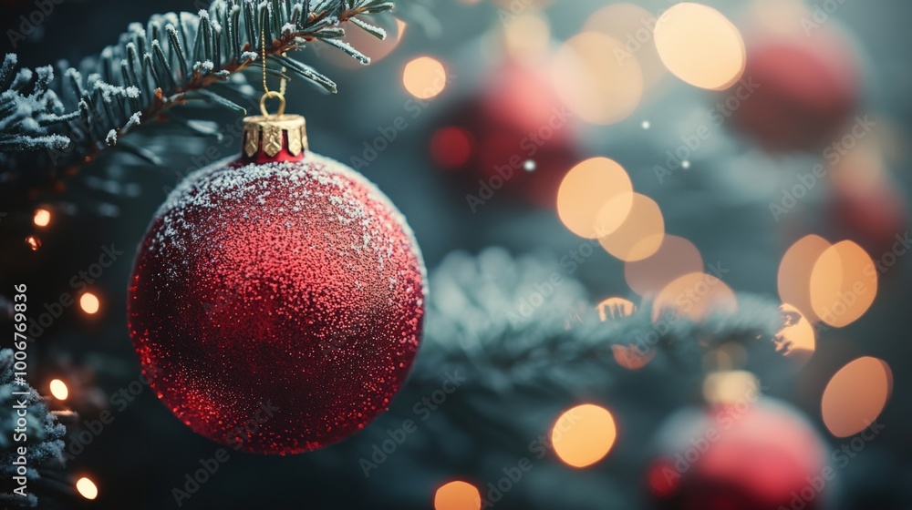 Poster a close-up view of a shiny red christmas ornament hanging from an evergreen tree branch adorned with