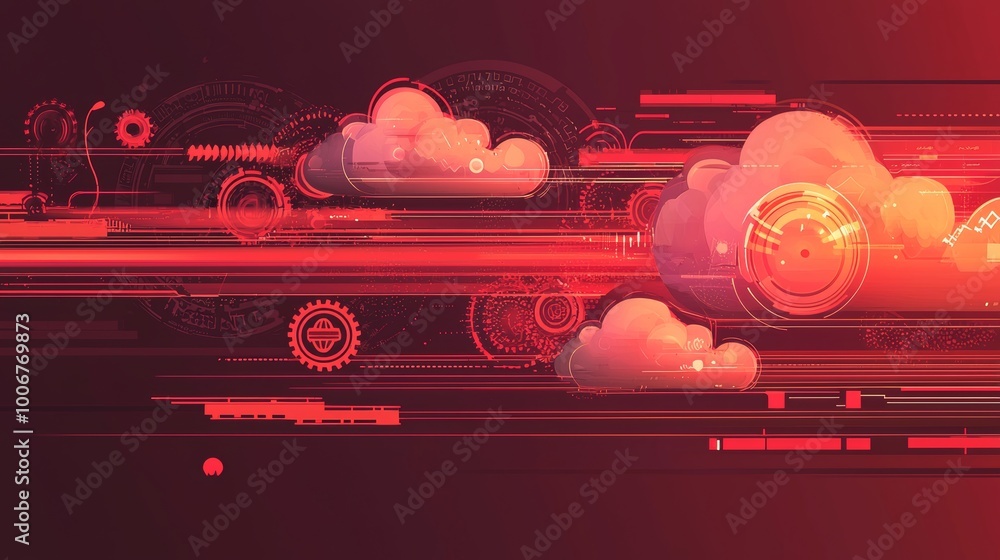Poster stylized digital clouds intertwined with intricate circuit patterns, representing technology and dat