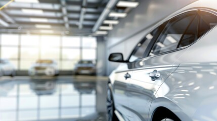 Fototapeta premium Modern car parked in spacious garage, ready for trade-in, showcasing clean and well-maintained interior.