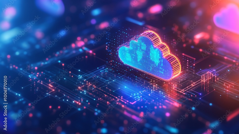 Poster a glowing digital cloud surrounded by an array of glowing network pathways, signifying modern techno