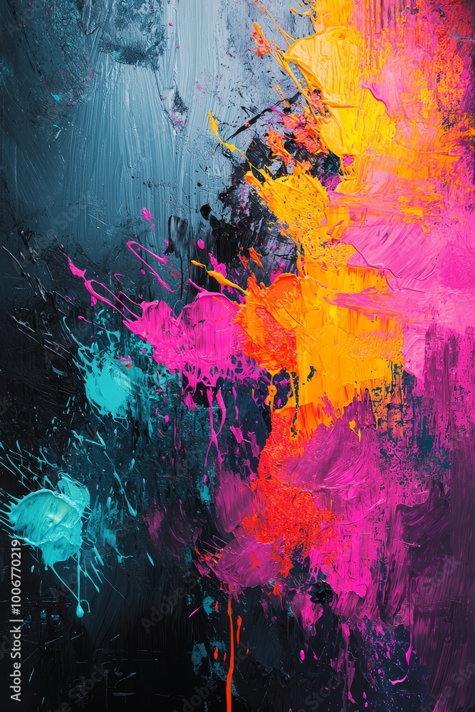 Poster a dynamic explosion of colorful paint splatters creatively arranged on a dark textured canvas evokin