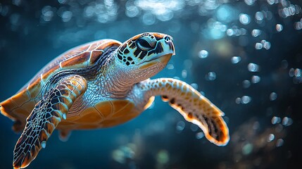 Fototapeta premium Sea Turtle Swimming Underwater with Bubbles Close up of Shell and Flippers