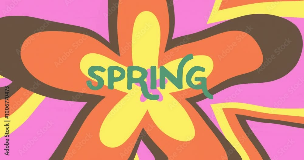 Poster spring text animation over colorful flower shapes on vibrant background