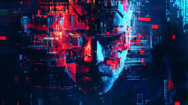 A pixelated digital face in electrifying hues of red and blue, representing the intersection of humanity and technology.