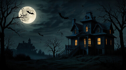 Spooky Haunted House Under a Full Moon