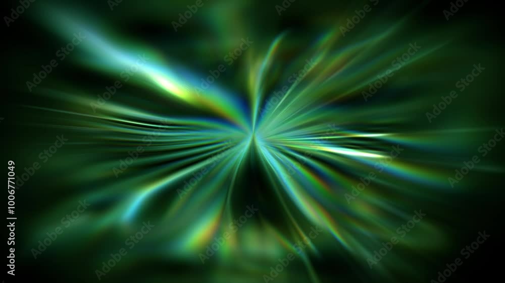 Poster animation of ethereal abstract visual featuring bursts of emerald green light rays radiating outward