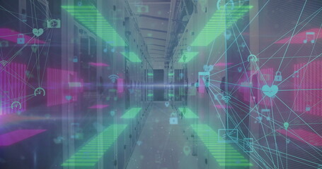 Image of icons and digital data processing over computer servers