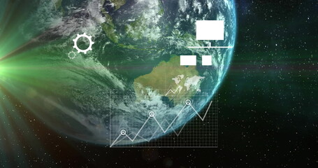 Image of digital media icons and charts processing data over globe on black background