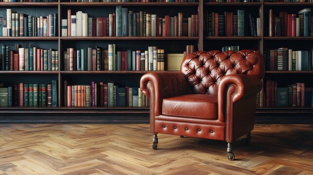 Close-up of a designer leather armchair placed beside a custom bookshelf in a modern library with polished wood floors and rich textures