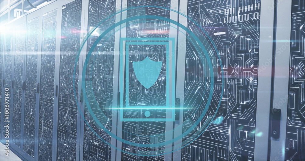 Poster image of shield icon and digital data processing over computer servers
