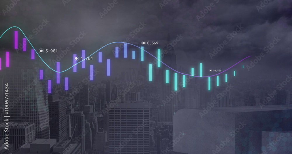 Poster Image of data processing and diagrams over cityscape