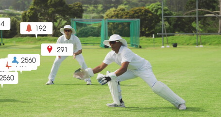 Image of icons and data processing over diverse male cricket players