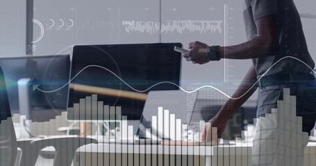 Image of financial data processing over african american man using smartphone