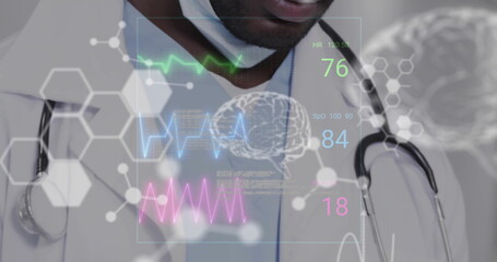 Image of molecules with brain and data processing over african american male doctor in hospital