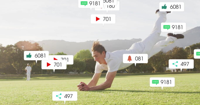 Image of icons and data processing over caucasian male cricket player