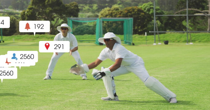 Image of icons and data processing over diverse male cricket players