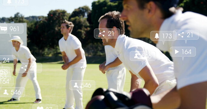 Image of icons and data processing over diverse male cricket players